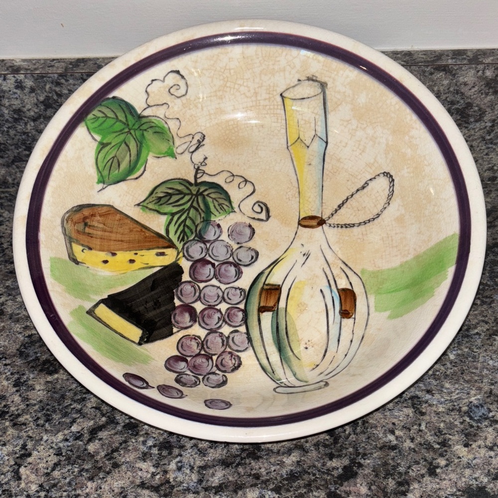 Decorative Ceramic Bowl with Grapes and Wine Design